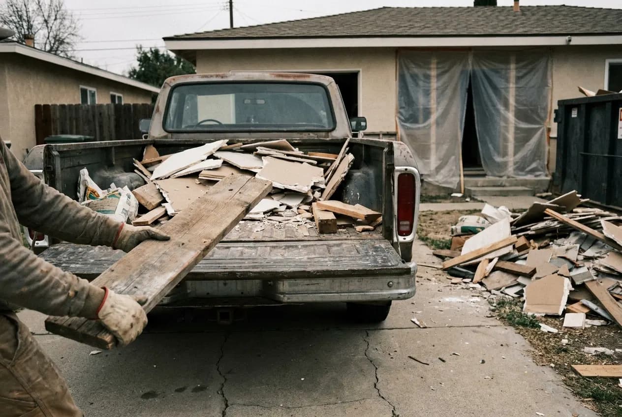 Drywall and wood scraps being loaded by hand into a pickup truck bed