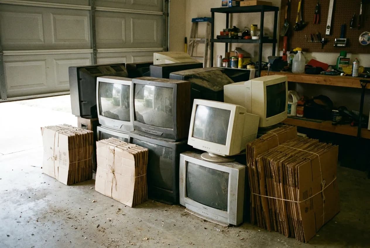 Old box TVs and computer monitors staged on a garage floor next to flattened boxes