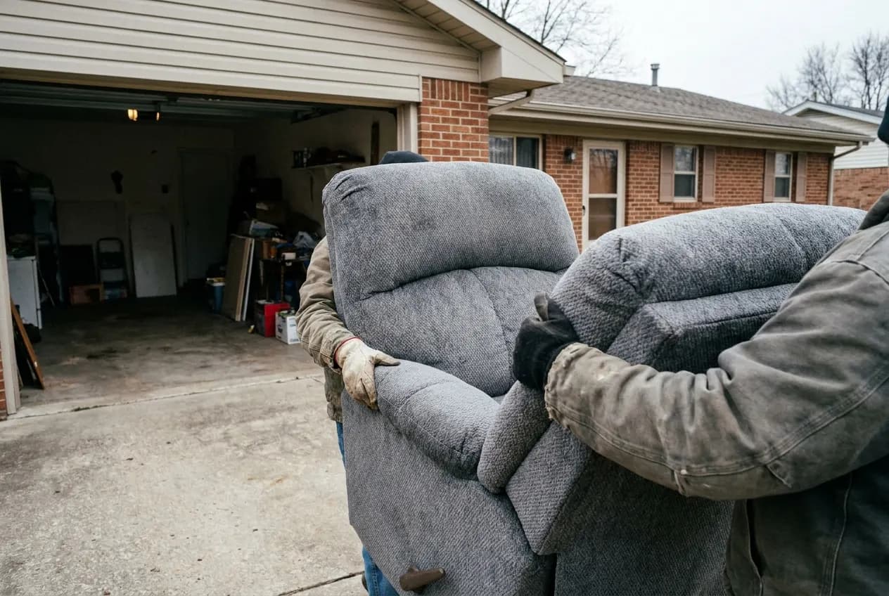 A two-person crew carrying a recliner chair out of a garage