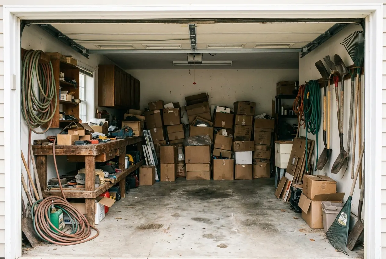 A two-car garage packed with stored boxes, a workbench and yard tools