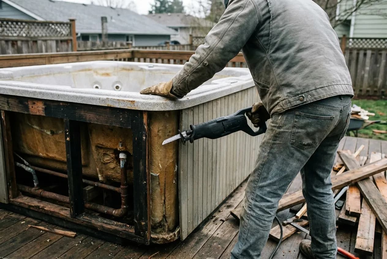 An old hot tub on a deck with one panel removed while a second is cut away