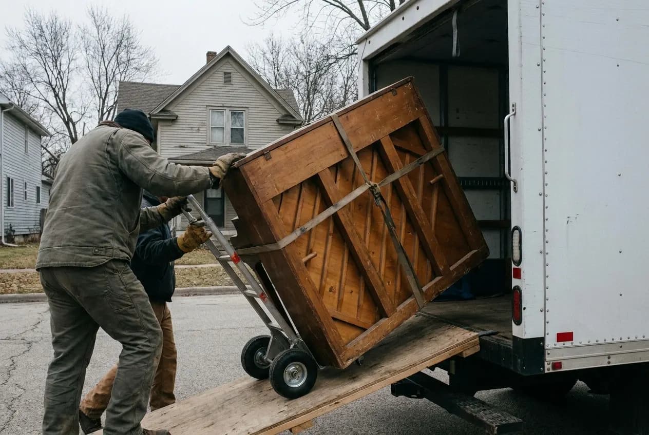 An upright piano on a dolly being wheeled up a ramp into a truck