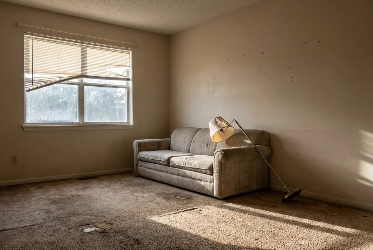 An empty apartment living room with a worn couch and a lamp left behind