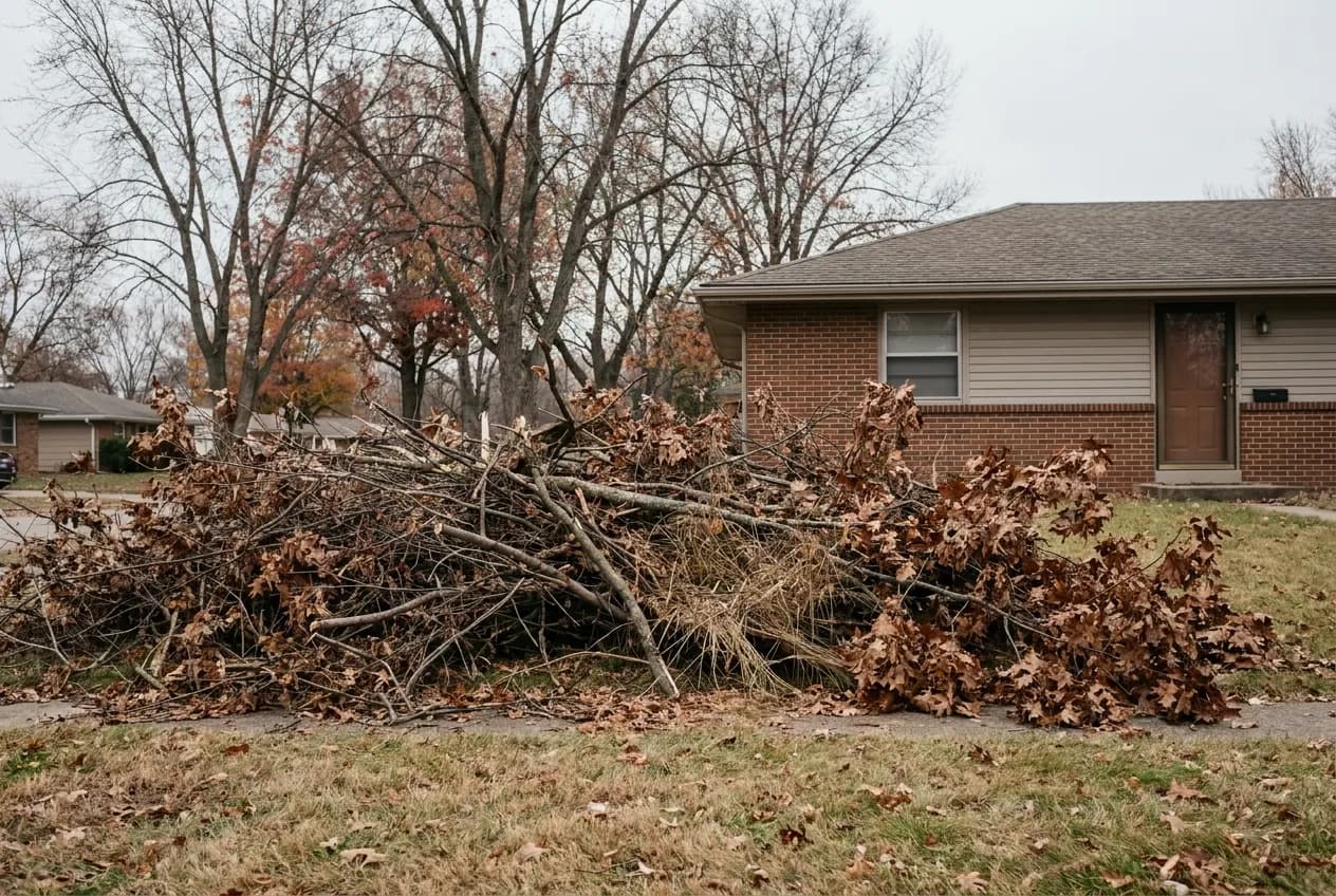 A large pile of cut branches and leaves at the edge of a lawn